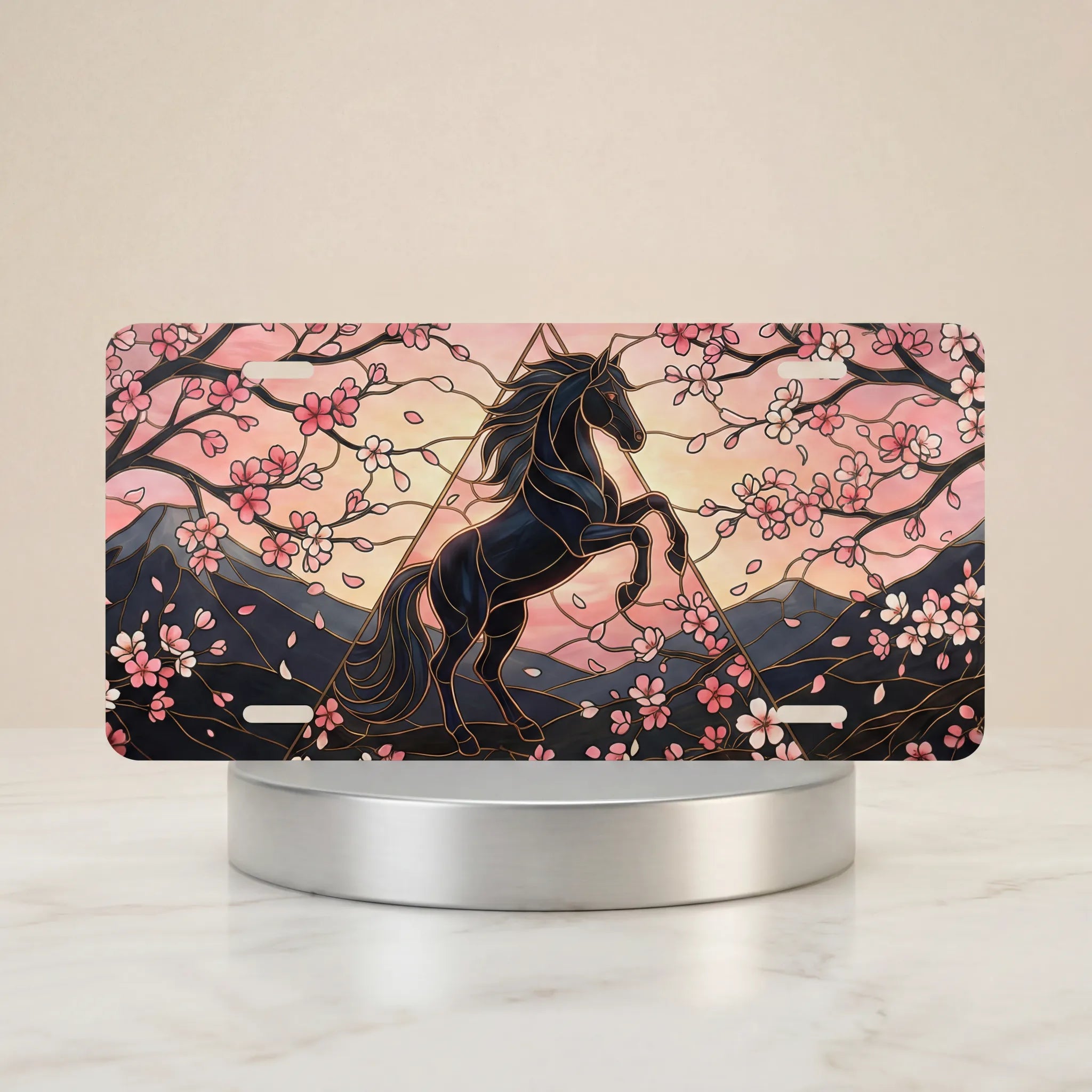 black unicorn cherry blossoms vanity plate — midnight black unicorn blush sky cherry blossom license plate on holder