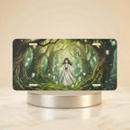forest spirit enchanted grove vanity plate — moonlit glade spirit lights ancient trees flowing white figure license plate on holder