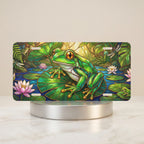 green tree frog lily pad vanity plate — jewel green frog lily pad pink water lily license plate on holder