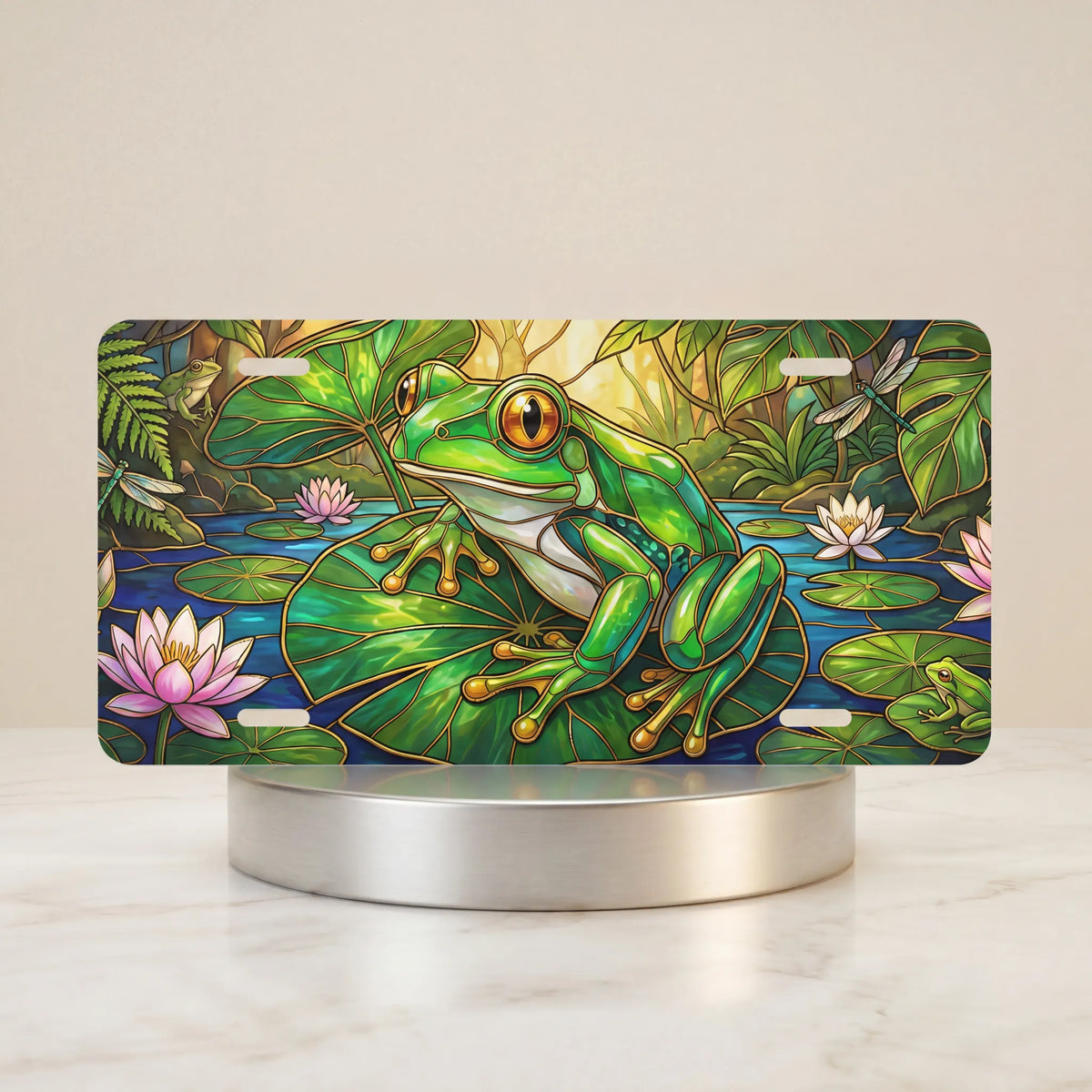 green tree frog lily pad vanity plate — jewel green frog lily pad pink water lily license plate on holder