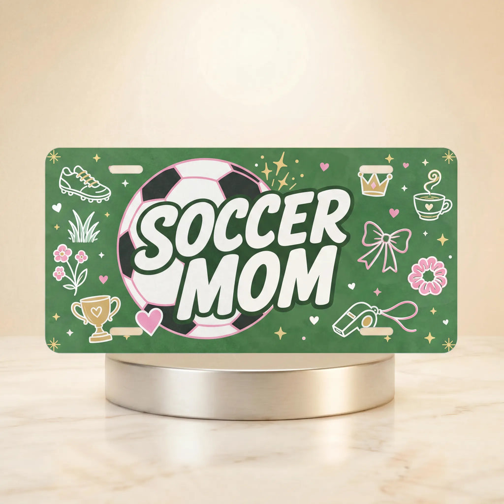 soccer mom vanity plate — pink soccer ball green SOCCER MOM license plate on holder