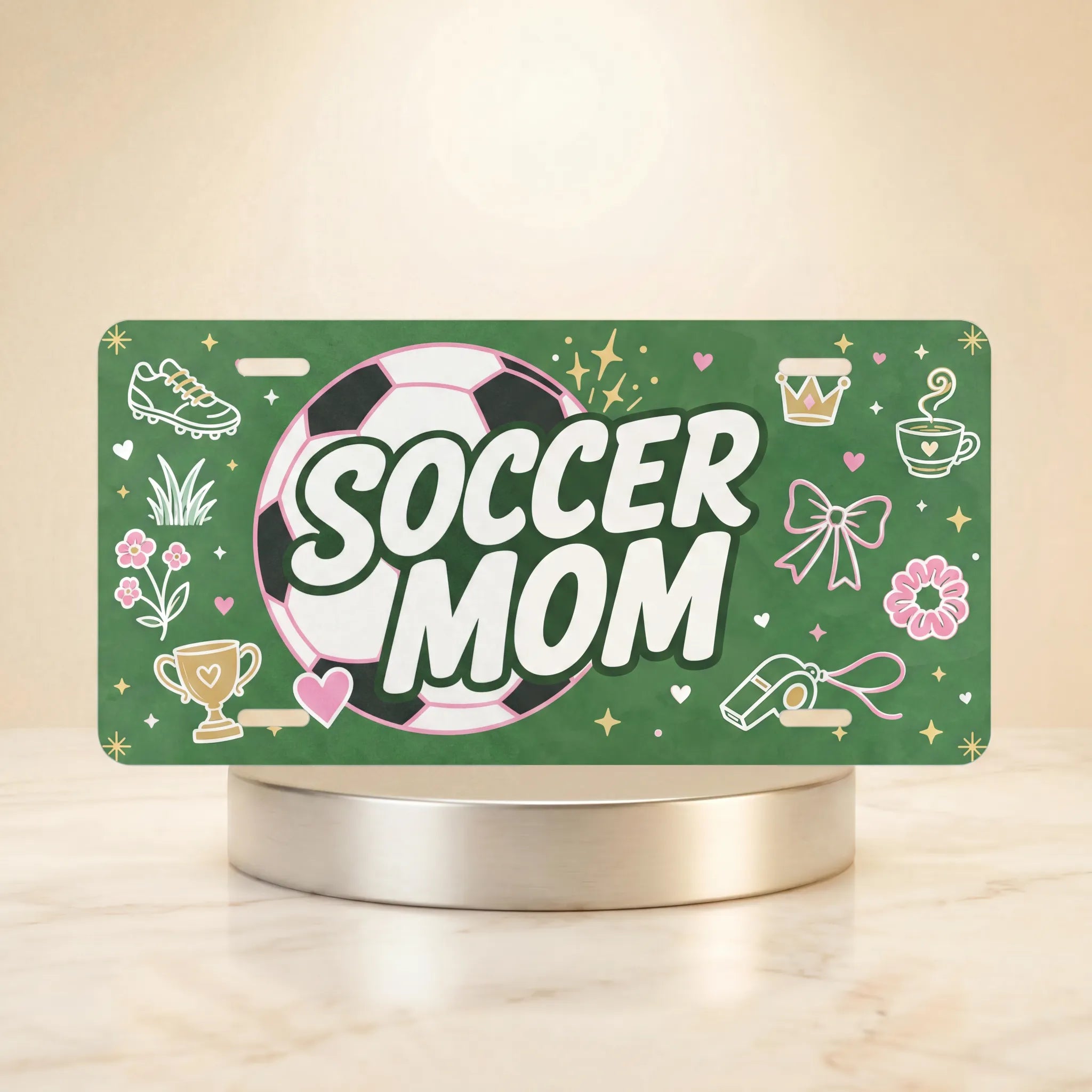 soccer mom vanity plate — pink soccer ball green SOCCER MOM license plate on holder