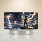 stormcaller lightning fantasy vanity plate — electric blue gold lightning cliff stormy sea license plate on holder