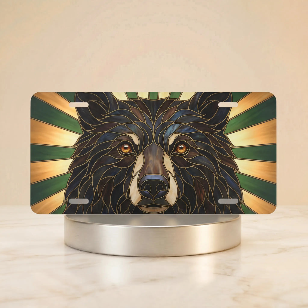 bear face vanity plate hero shot — stained glass brown black ink gold ray bear art