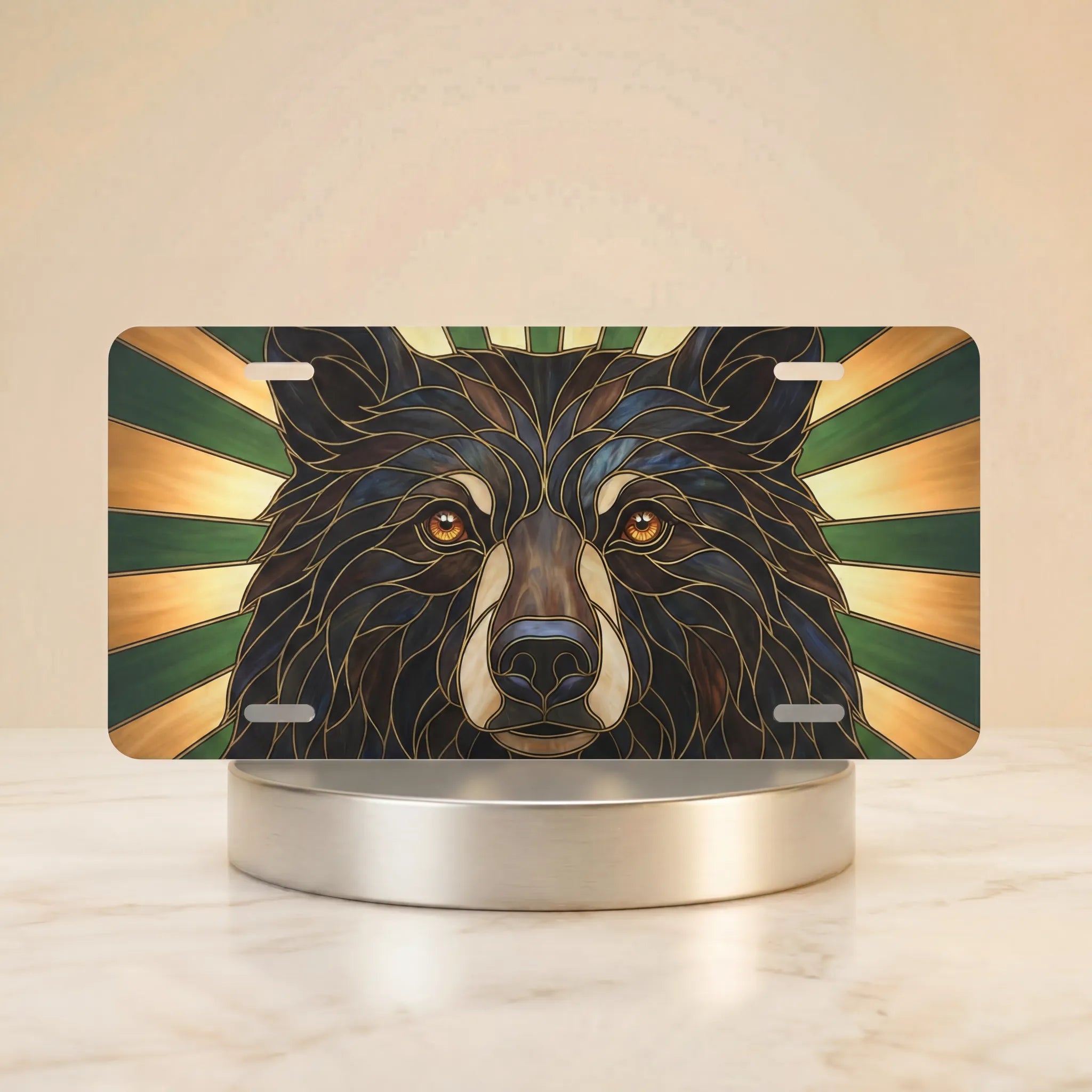 bear face vanity plate hero shot — stained glass brown black ink gold ray bear art