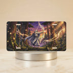 forest wizard magic vanity plate — deep purple gold wizard glowing magic ancient trees stone markers license plate on holder