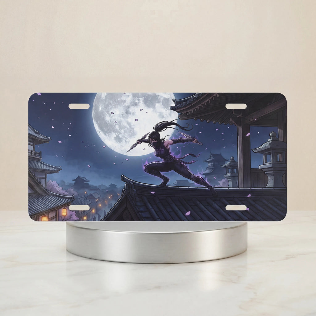 moonlit ninja rooftop vanity plate — glowing moon white midnight ninja cherry blossoms rooftop license plate on holder