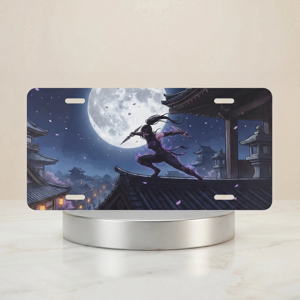 moonlit ninja rooftop vanity plate — glowing moon white midnight ninja cherry blossoms rooftop license plate on holder