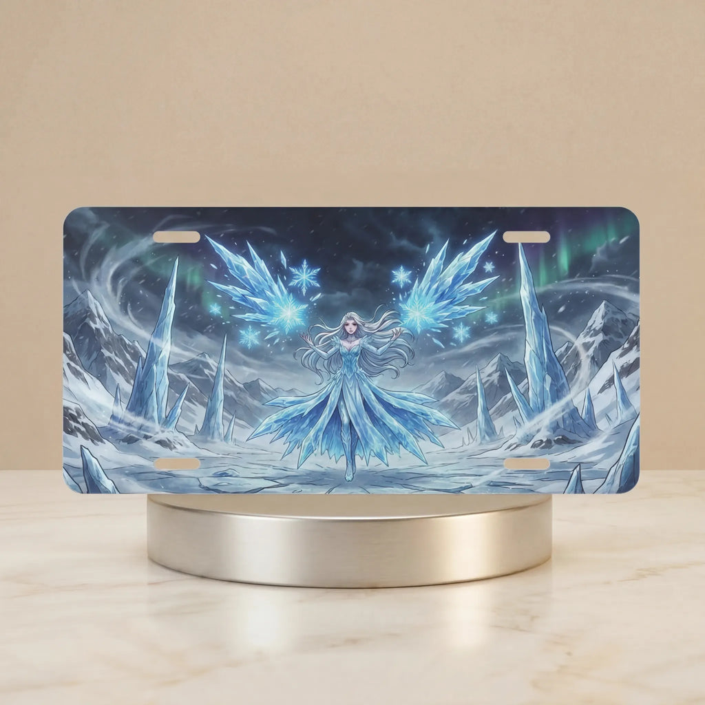 ice sorceress frost fairy vanity plate — luminous ice blue crystalline spires swirling snow license plate on holder