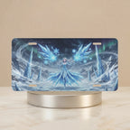 ice sorceress frost fairy vanity plate — luminous ice blue crystalline spires swirling snow license plate on holder