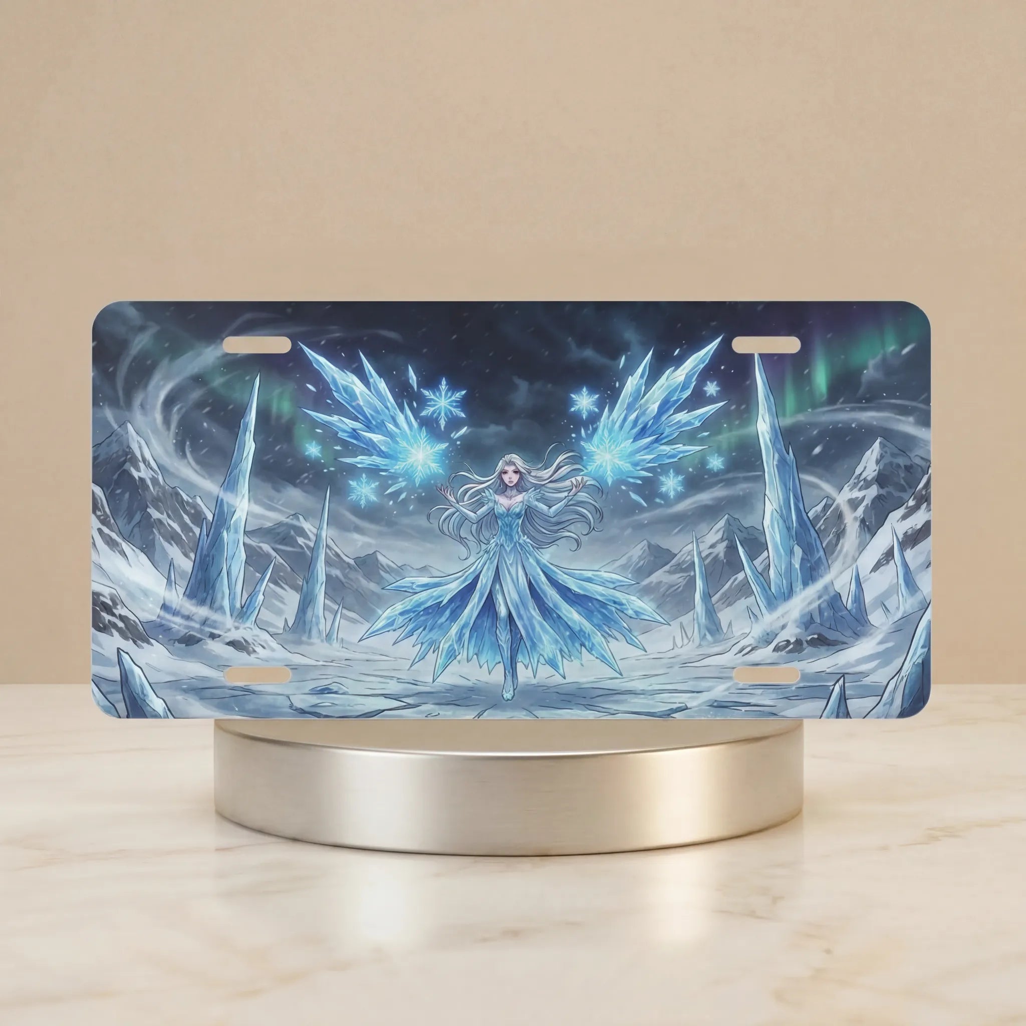 ice sorceress frost fairy vanity plate — luminous ice blue crystalline spires swirling snow license plate on holder