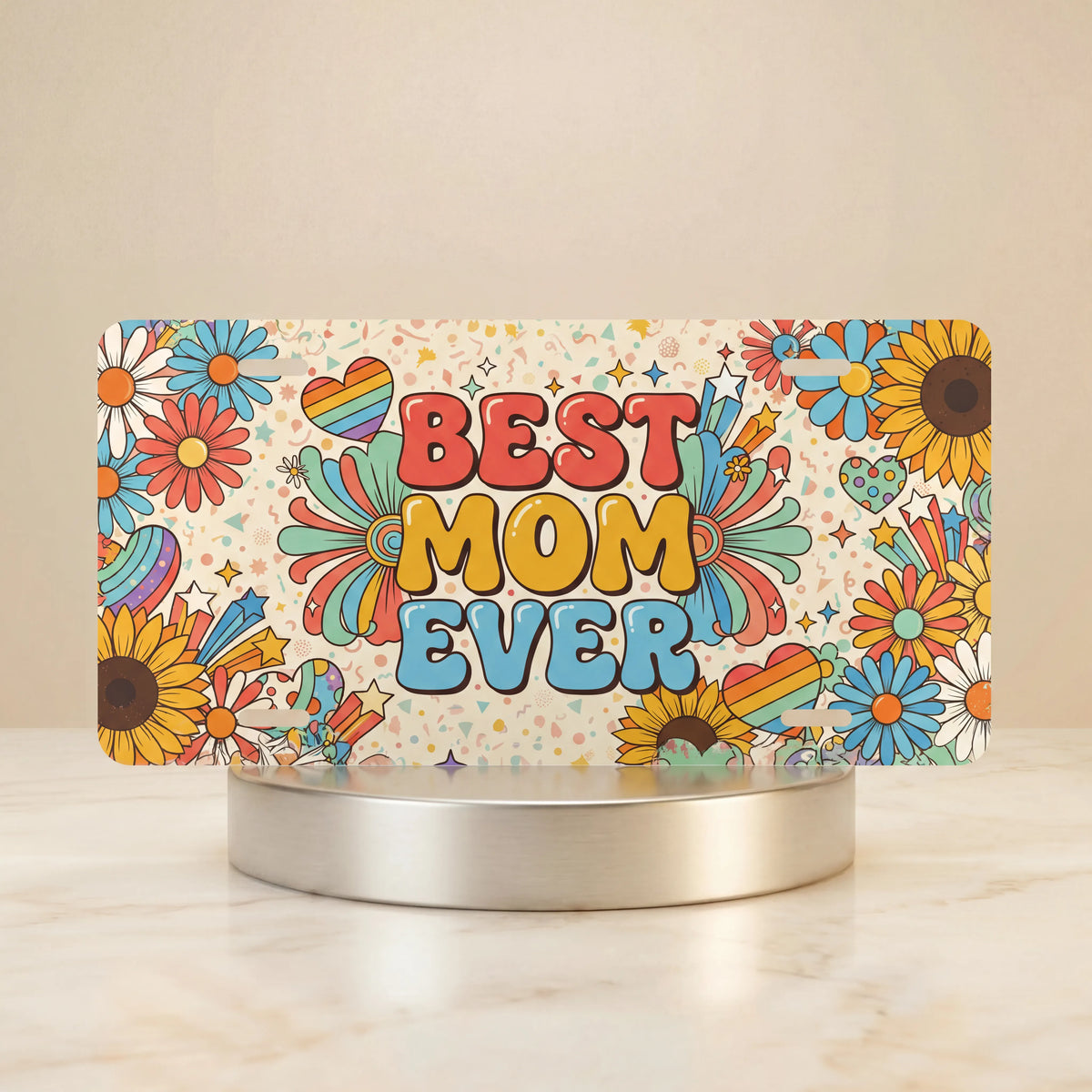Best Mom Ever Floral Retro Rainbow Vanity Plate