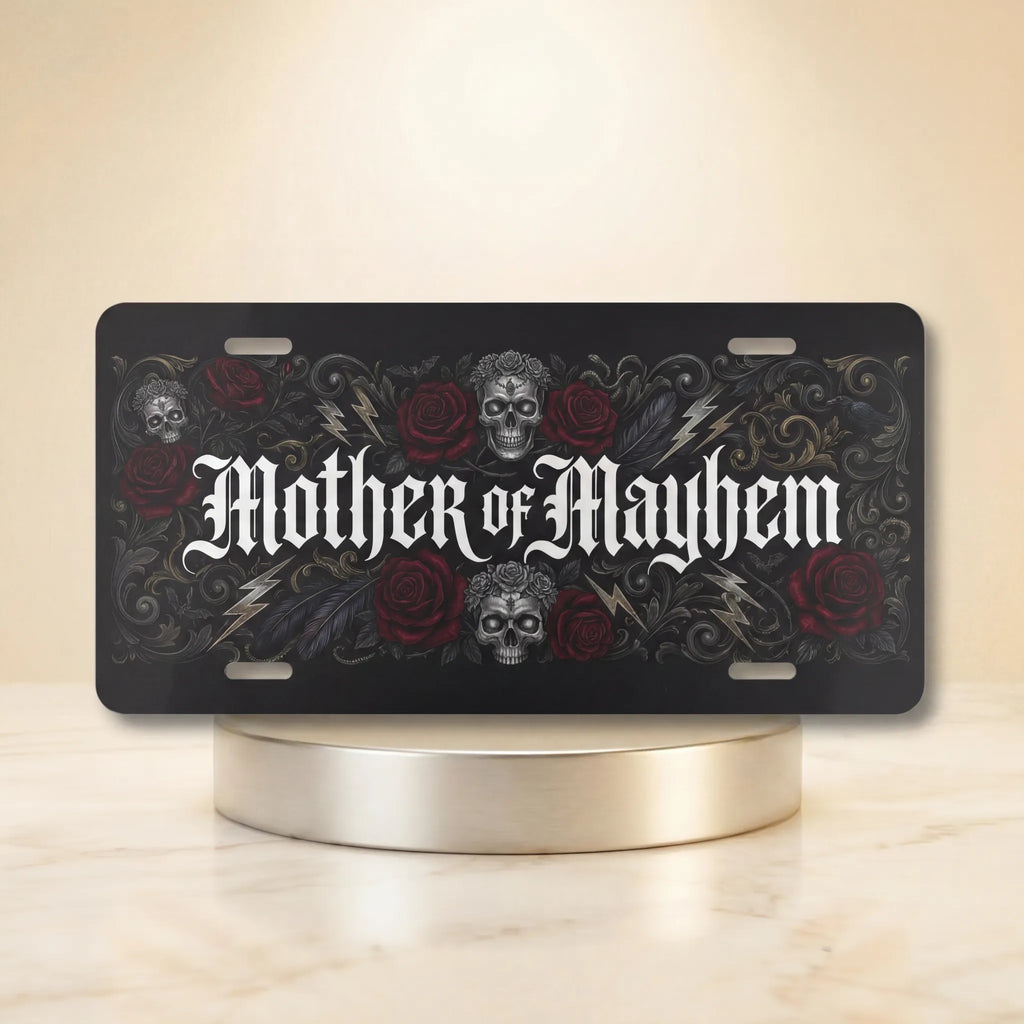 mother of mayhem vanity plate hero shot — gothic lettering blood-red rose skull art