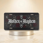 mother of mayhem vanity plate hero shot — gothic lettering blood-red rose skull art