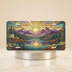 sunrise mountain lake scenic vanity plate — warm sunrise gold deep purple mountain mirror lake license plate on holder