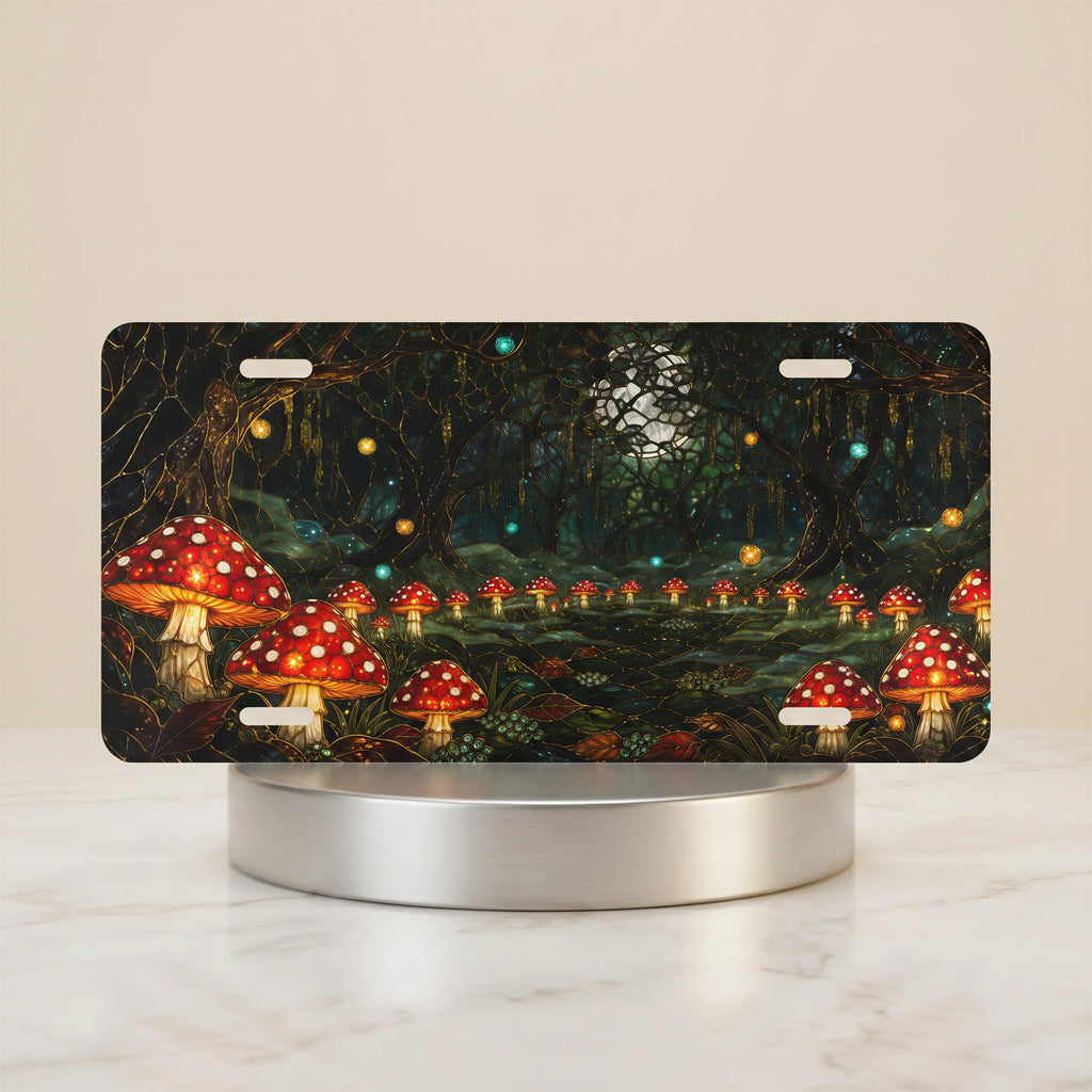 enchanted mushroom forest vanity plate — glowing toadstool firefly moonlit grove license plate on holder