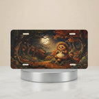 woodland tanuki moonlit forest vanity plate — smiling tanuki autumn leaf path amber moonlit glow license plate on holder