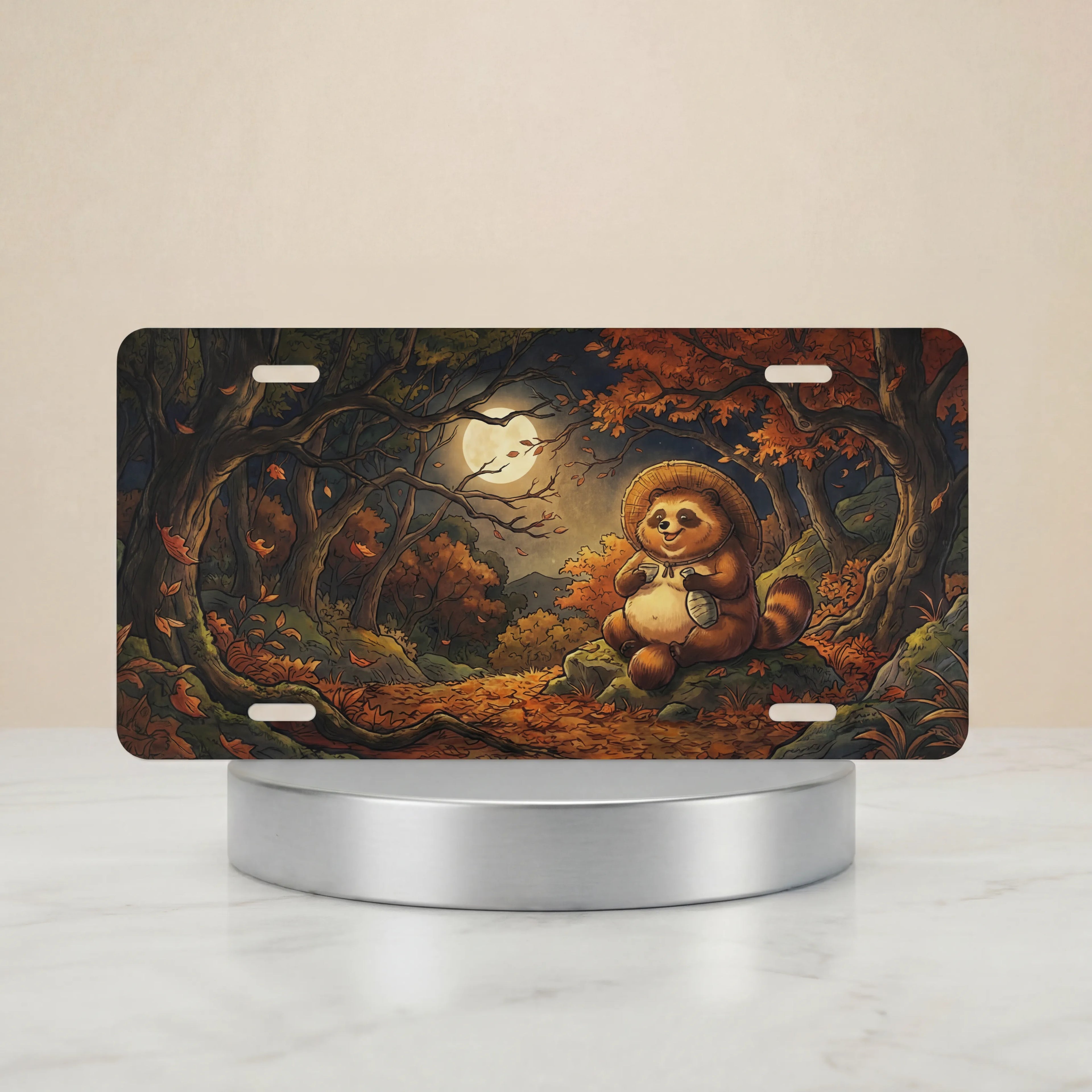 woodland tanuki moonlit forest vanity plate — smiling tanuki autumn leaf path amber moonlit glow license plate on holder