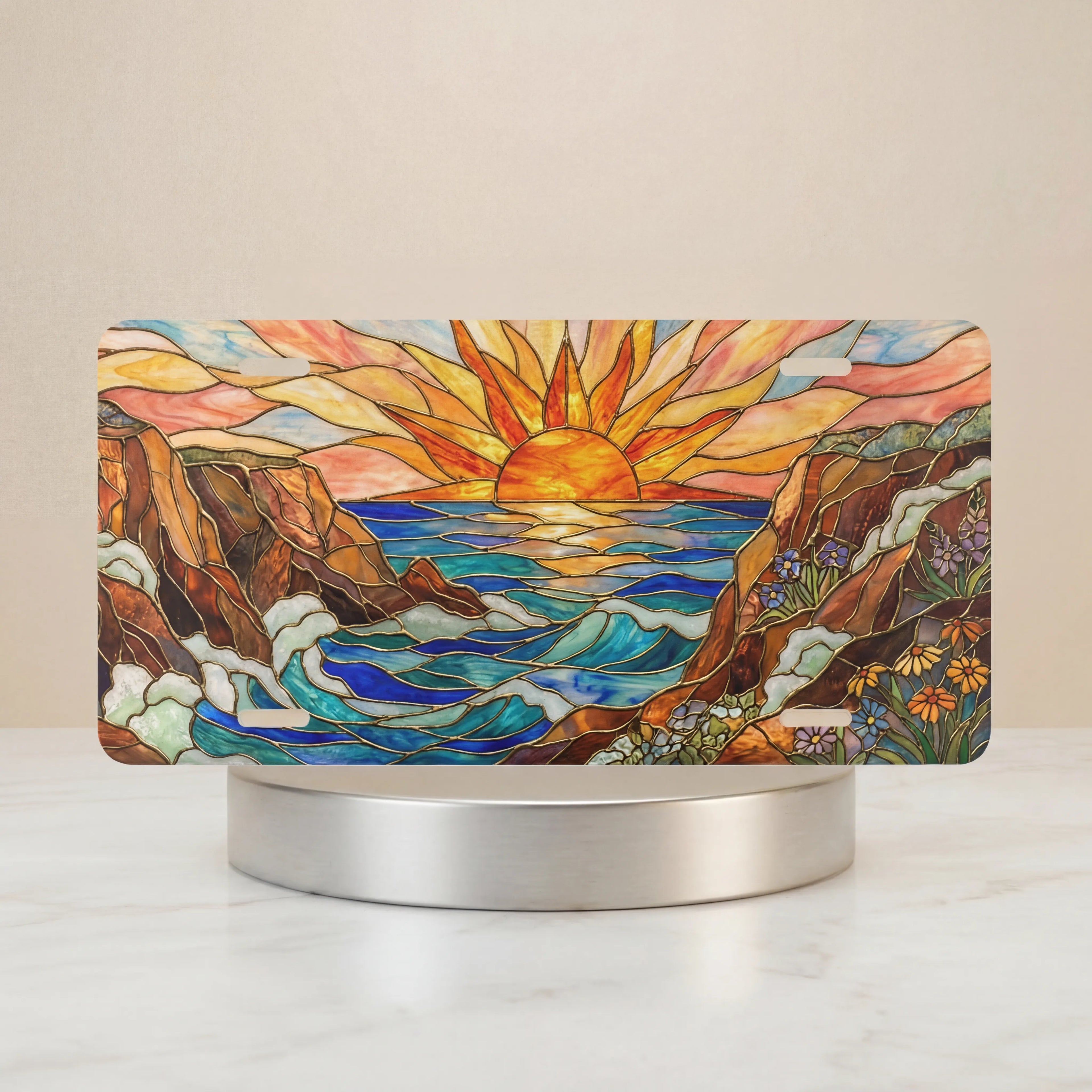 sunrise ocean cliffs vanity plate — warm sunrise orange gold wave rocky cliffs wildflowers license plate on holder