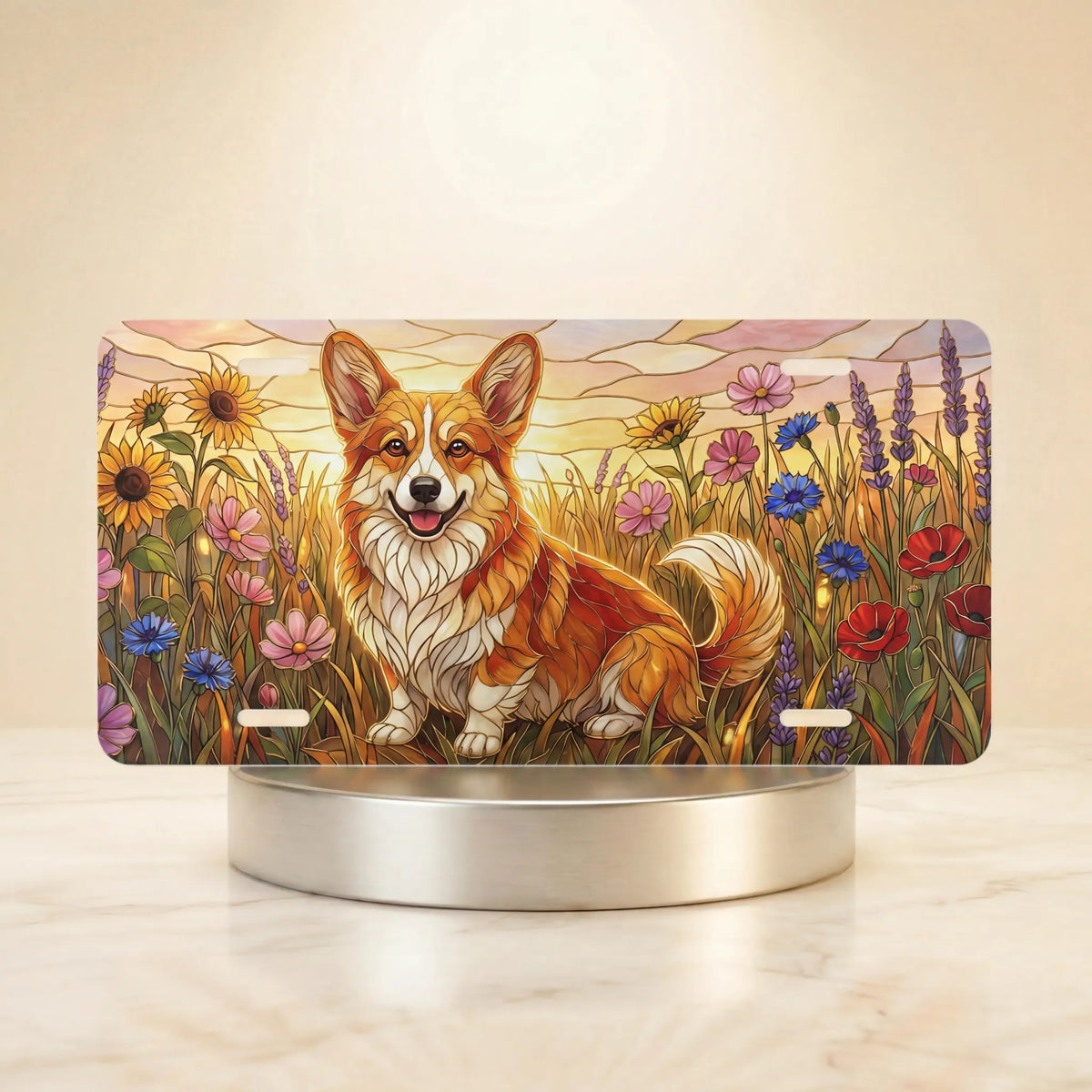 corgi in wildflower field vanity plate — soft gold pink corgi wildflower meadow license plate on holder