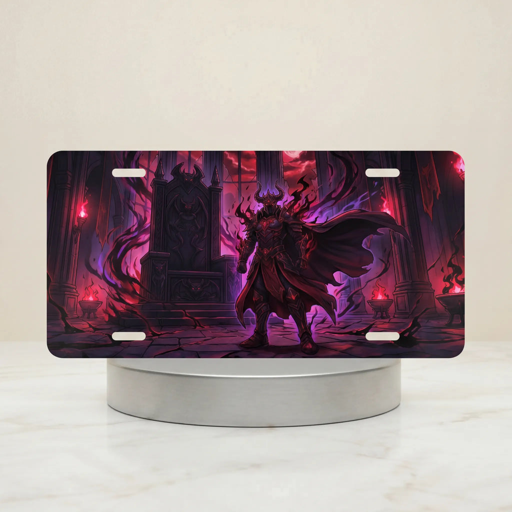 dark demon lord throne vanity plate — deep crimson violet horned demon lord pillars braziers license plate on holder