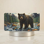 mountain river bear vanity plate hero shot — black bear pines sunlit ridgeline painterly art
