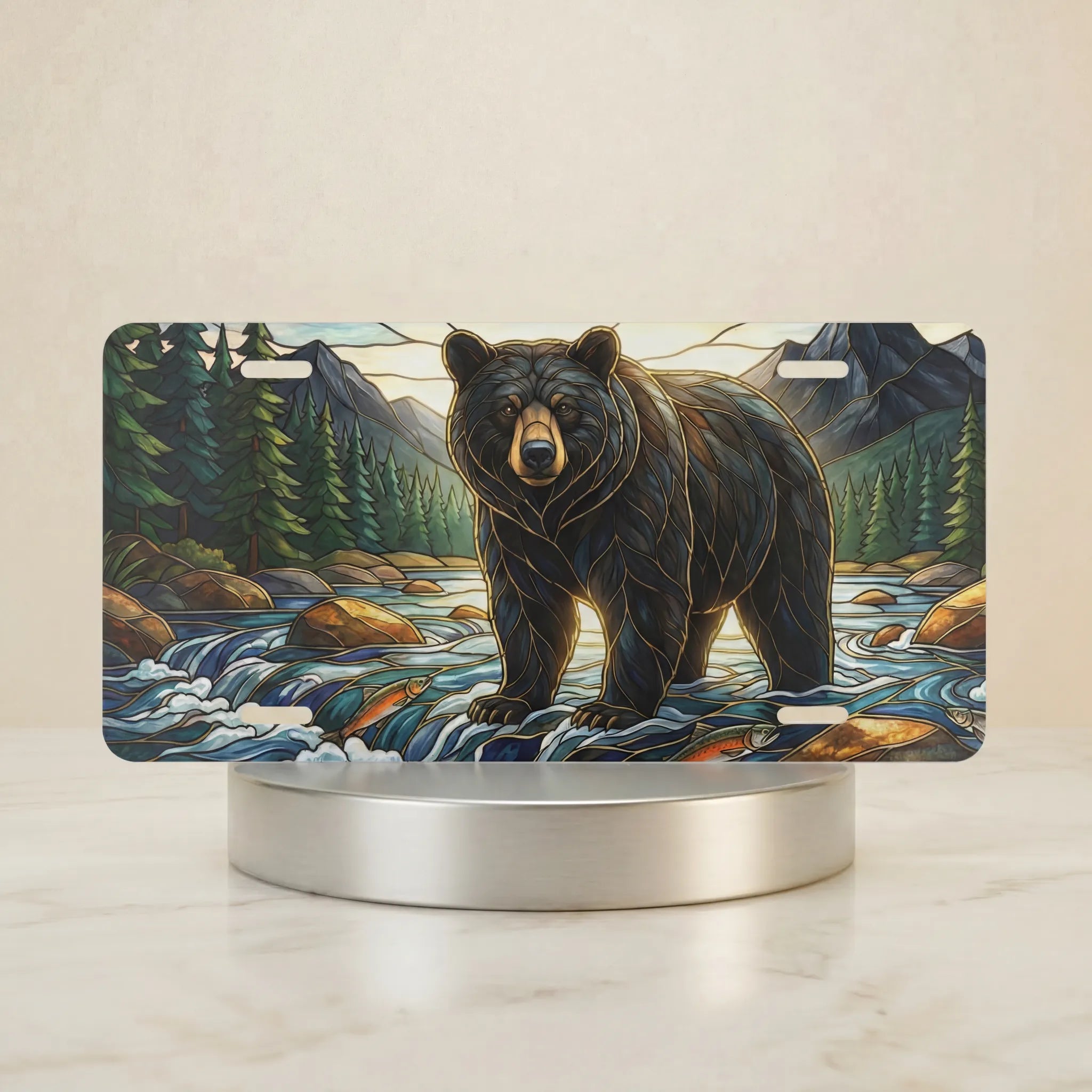 mountain river bear vanity plate hero shot — black bear pines sunlit ridgeline painterly art