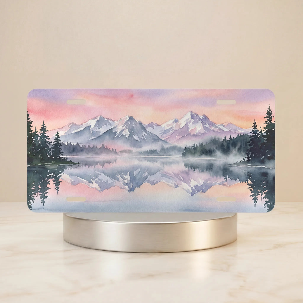mountain lake reflection vanity plate hero shot — misty alpine watercolor art