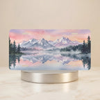 mountain lake reflection vanity plate hero shot — misty alpine watercolor art