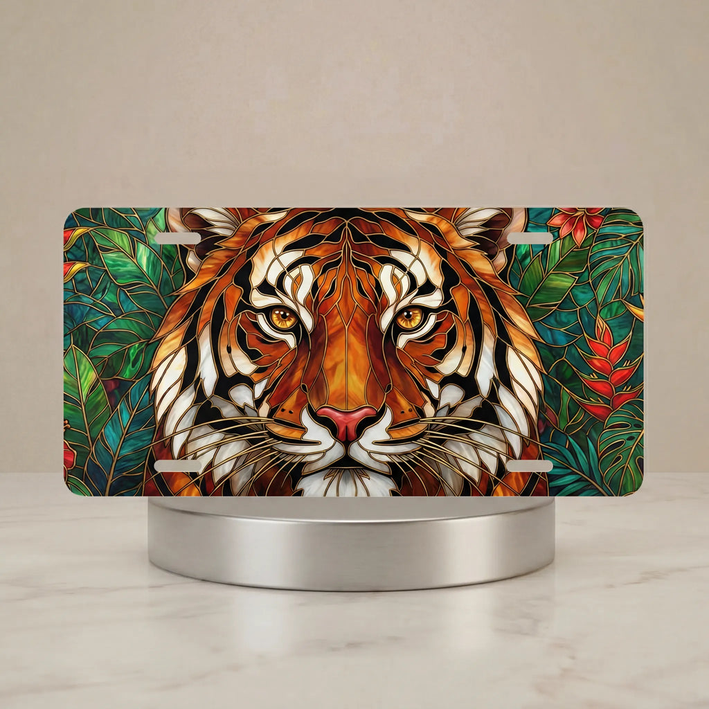 stained glass lion vanity plate hero shot — rich amber ochre golden rays lion art