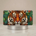 stained glass lion vanity plate hero shot — rich amber ochre golden rays lion art