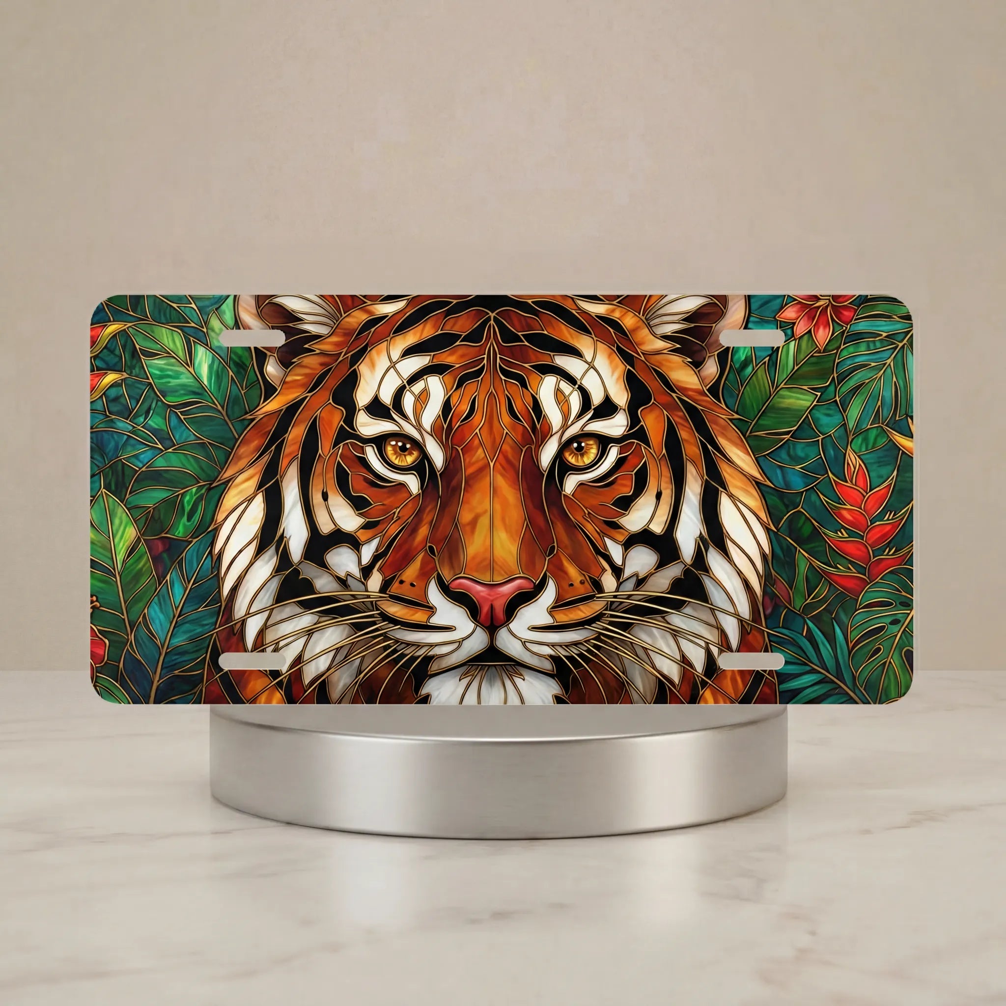 stained glass lion vanity plate hero shot — rich amber ochre golden rays lion art