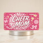 cheer mom vanity plate — hot pink pom-pom CHEER MOM license plate on holder