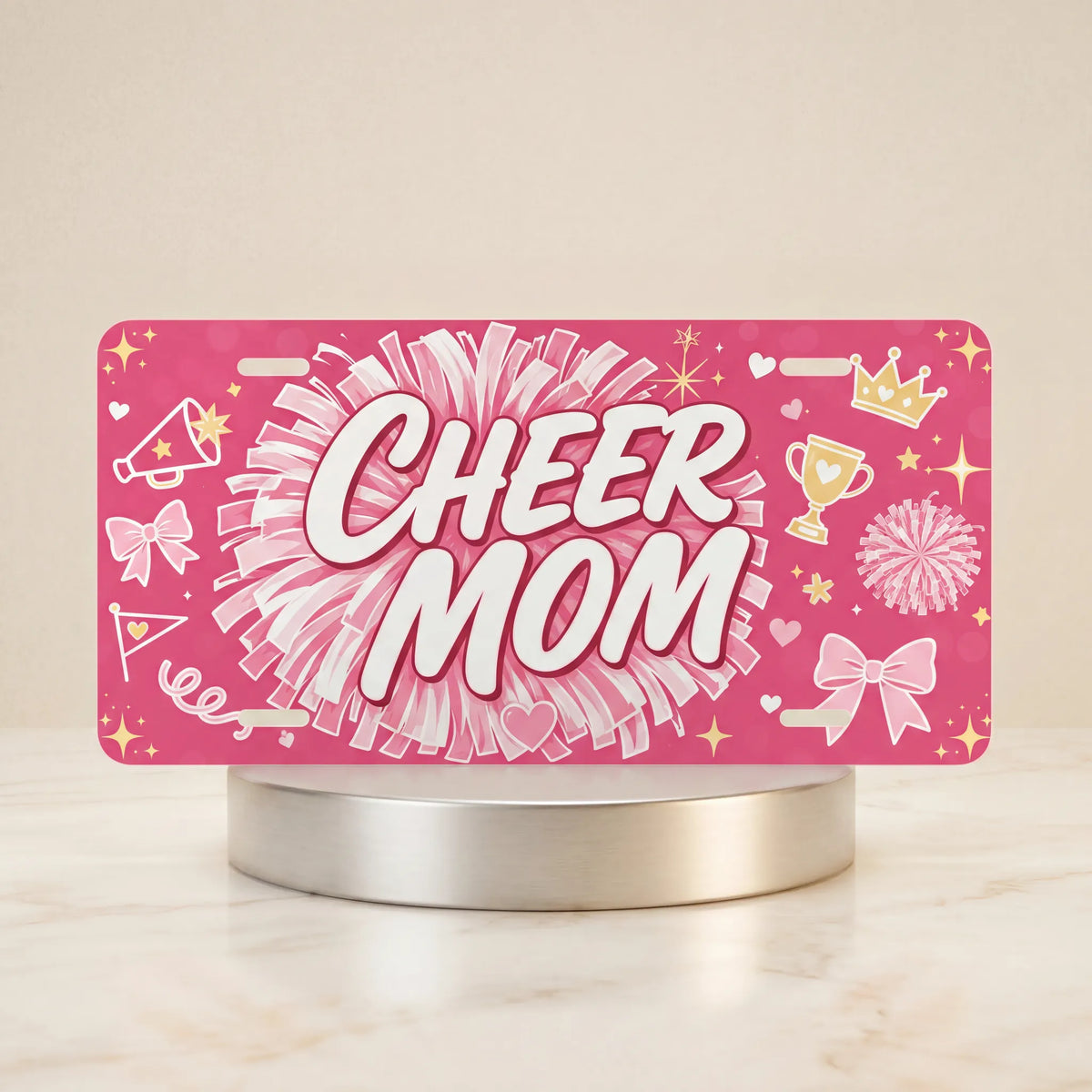 cheer mom vanity plate — hot pink pom-pom CHEER MOM license plate on holder