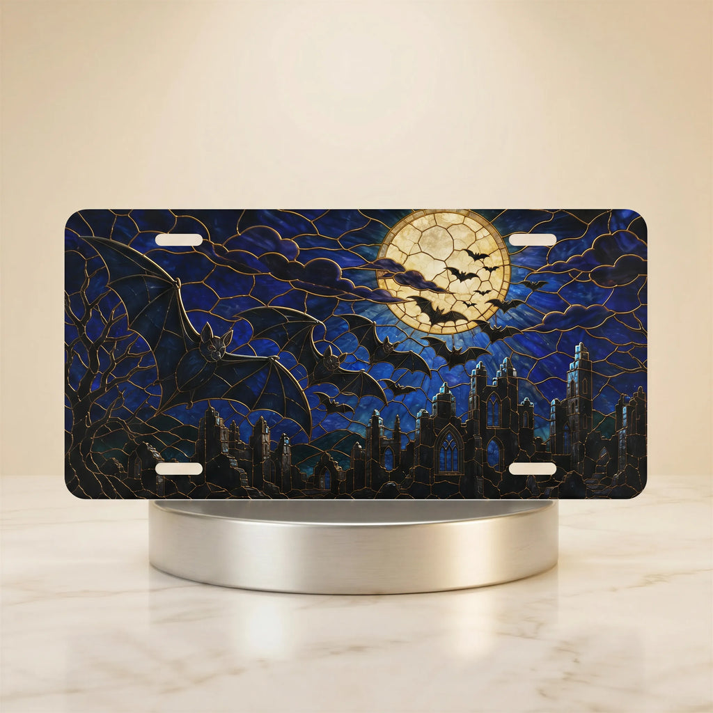 full moon bats gothic vanity plate — midnight blue bat silhouette cracked moon city skyline license plate on holder