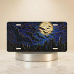 full moon bats gothic vanity plate — midnight blue bat silhouette cracked moon city skyline license plate on holder