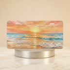 coastal sunrise vanity plate hero shot — soft rose gold and ocean blue beach art