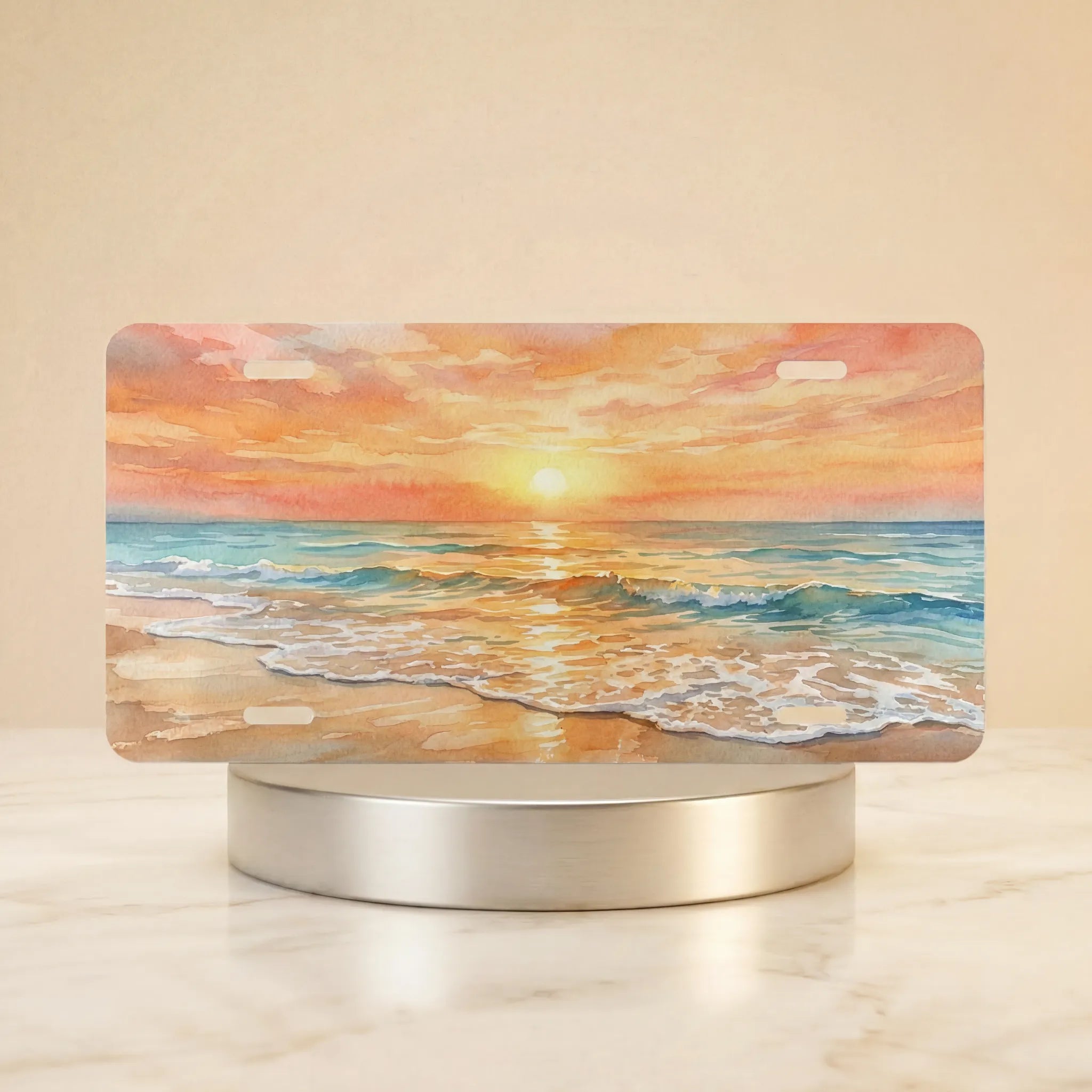 coastal sunrise vanity plate hero shot — soft rose gold and ocean blue beach art