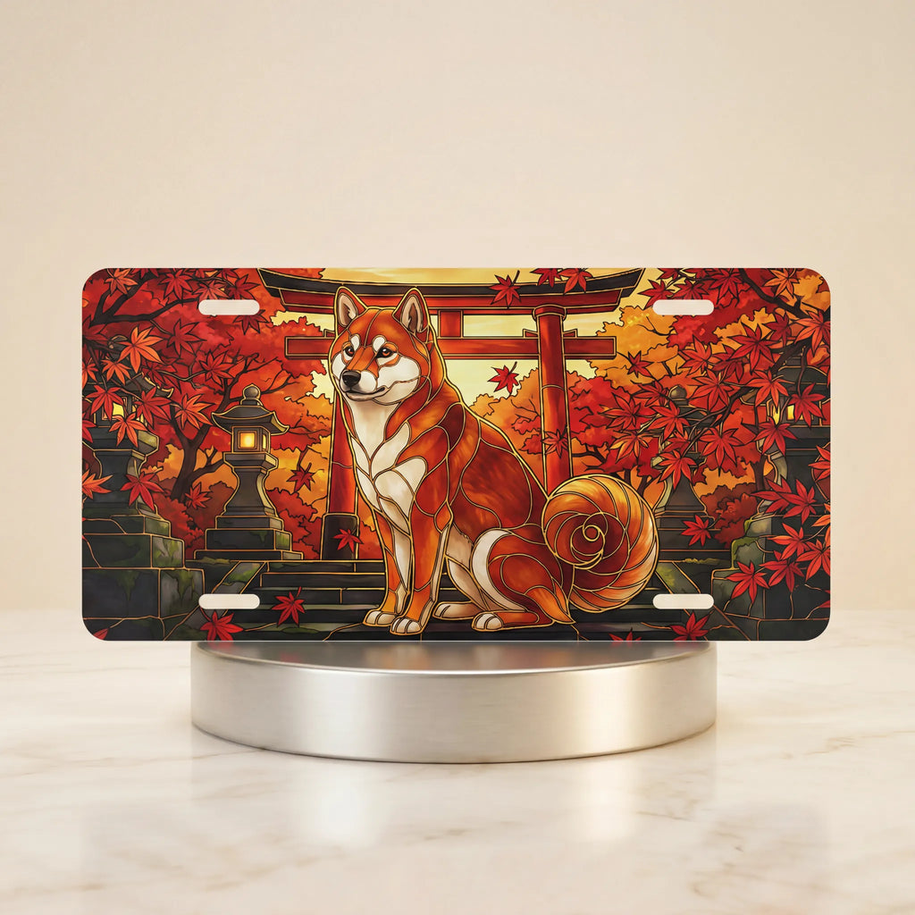 autumn fox torii shrine vanity plate — vermillion torii fox amber maple license plate on holder