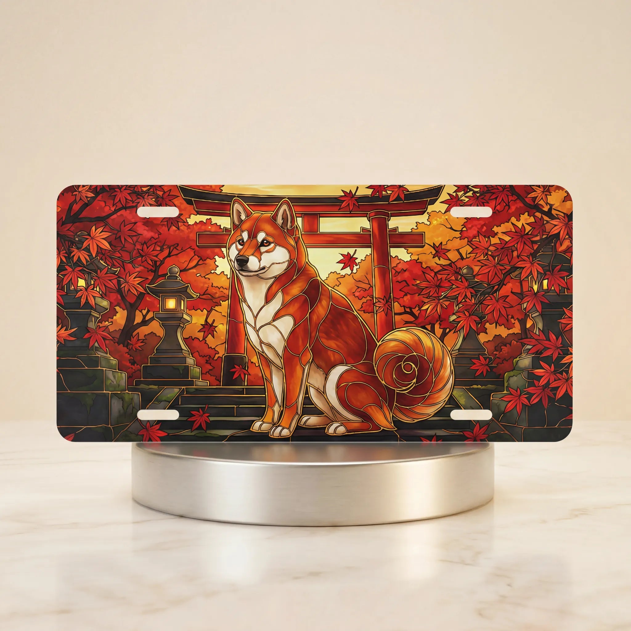 autumn fox torii shrine vanity plate — vermillion torii fox amber maple license plate on holder