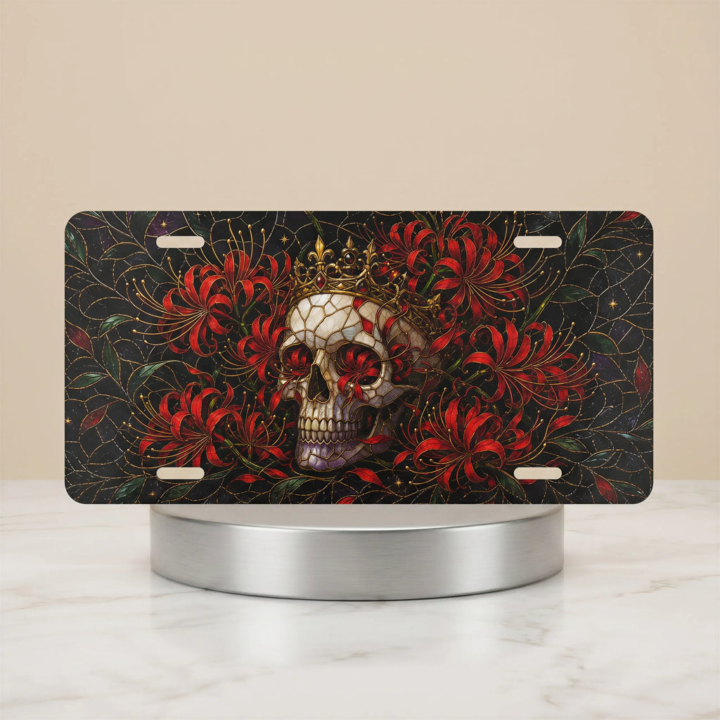 skull crown red flowers vanity plate — jewel red crowned skull chrysanthemum gothic license plate on holder