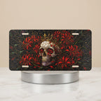 skull crown red flowers vanity plate — jewel red crowned skull chrysanthemum gothic license plate on holder