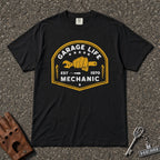 garage life mechanic wrench fist graphic tee — black vintage crest comfort colors shirt