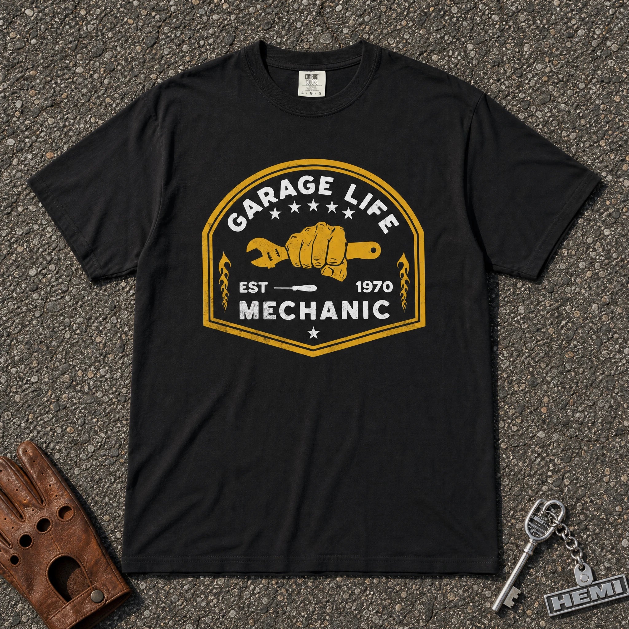 garage life mechanic wrench fist graphic tee — black vintage crest comfort colors shirt