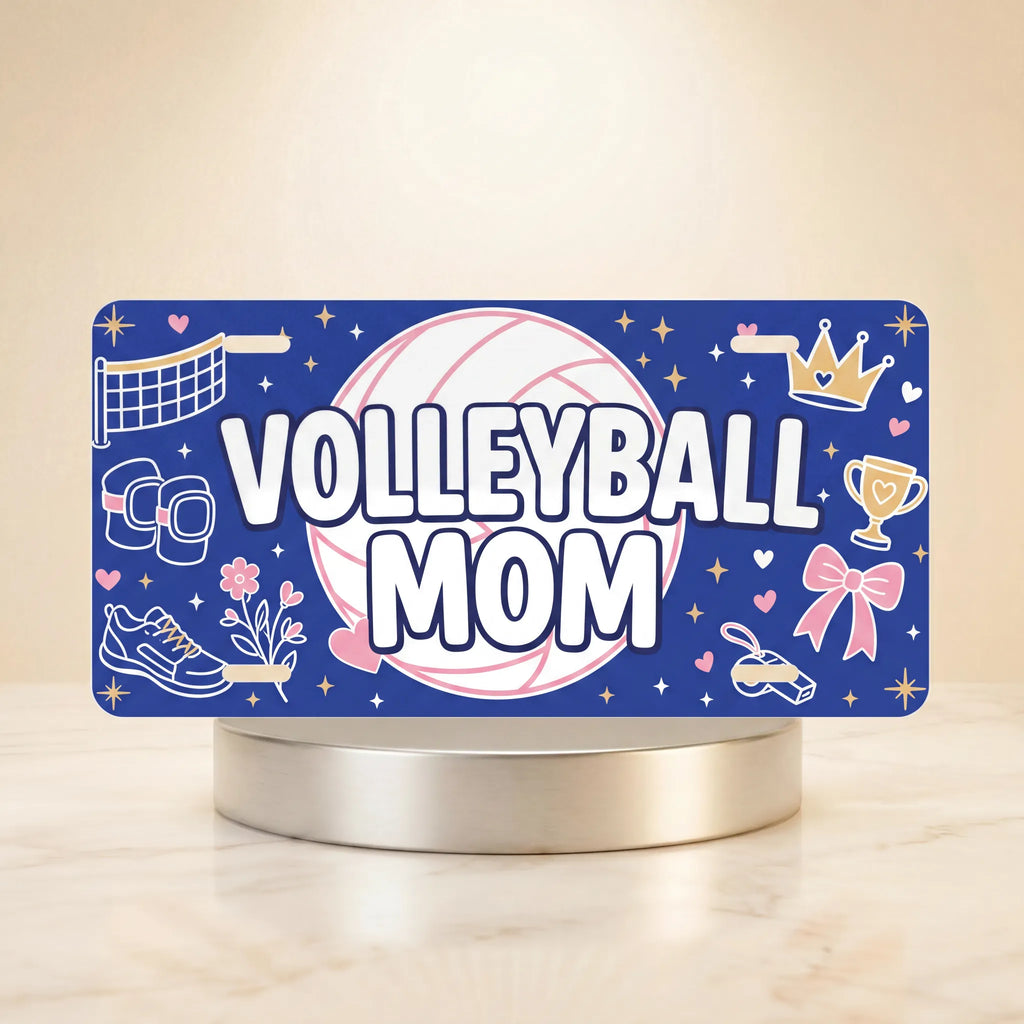 volleyball mom vanity plate — deep navy pink volleyball VOLLEYBALL MOM license plate on holder