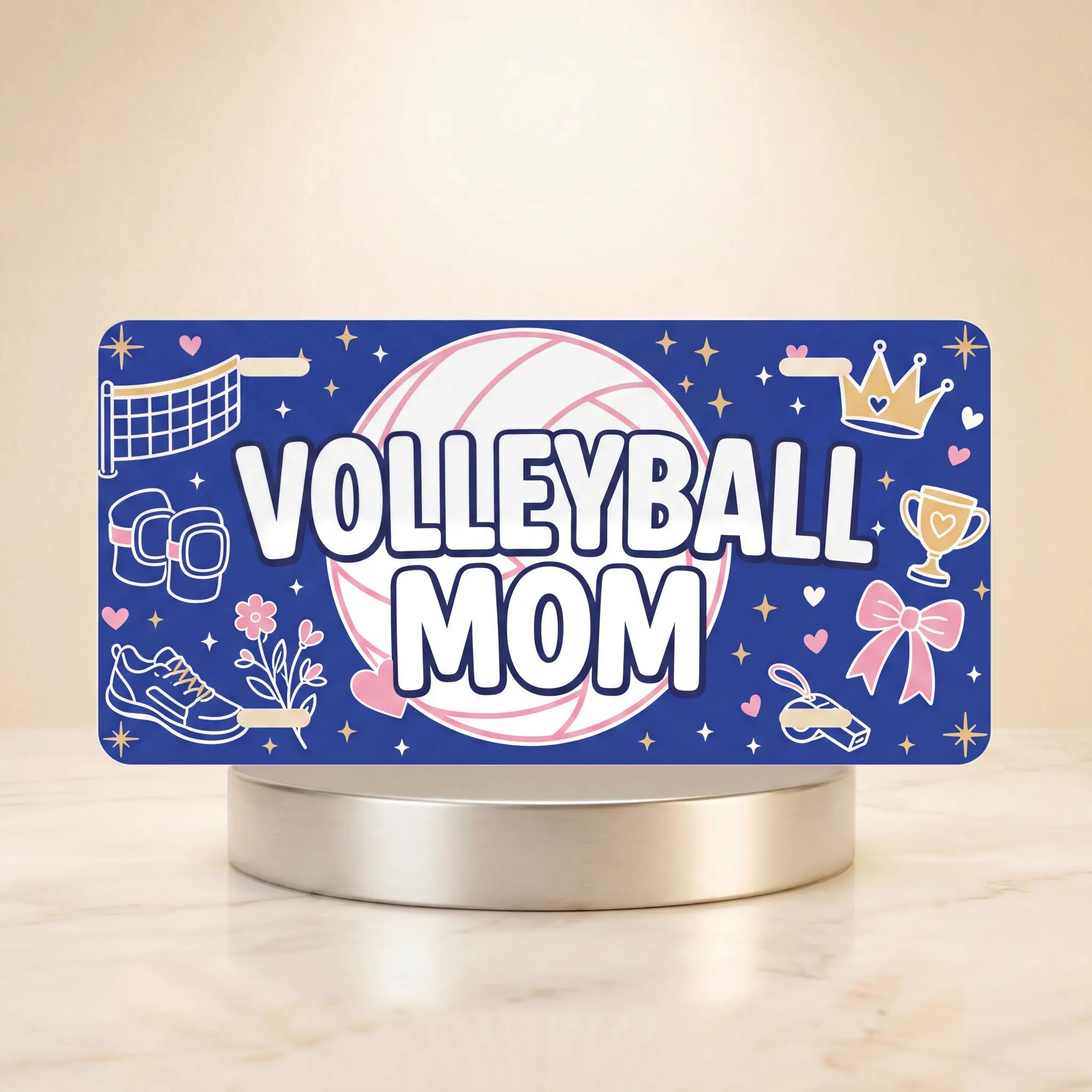 volleyball mom vanity plate — deep navy pink volleyball VOLLEYBALL MOM license plate on holder