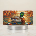 mallard duck autumn pond vanity plate — emerald mallard amber autumn leaves pond license plate on holder