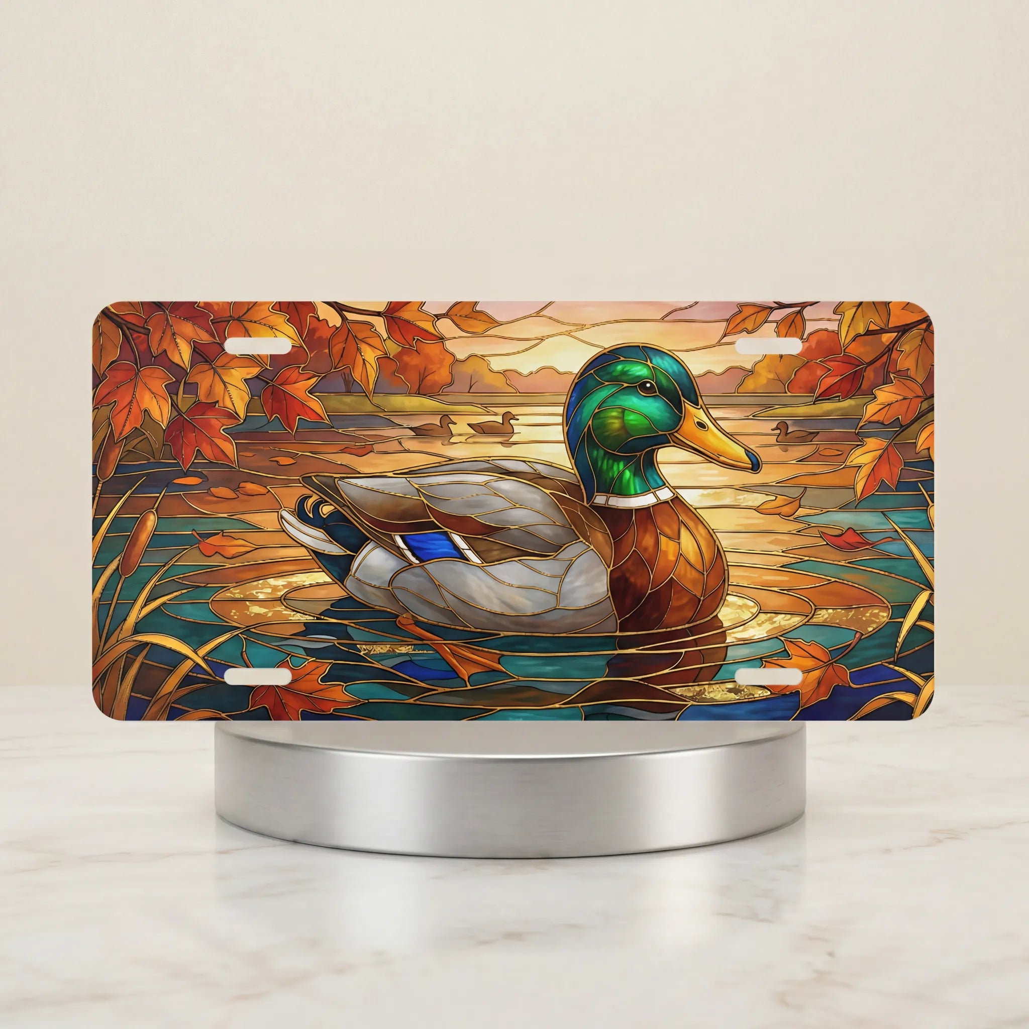 mallard duck autumn pond vanity plate — emerald mallard amber autumn leaves pond license plate on holder