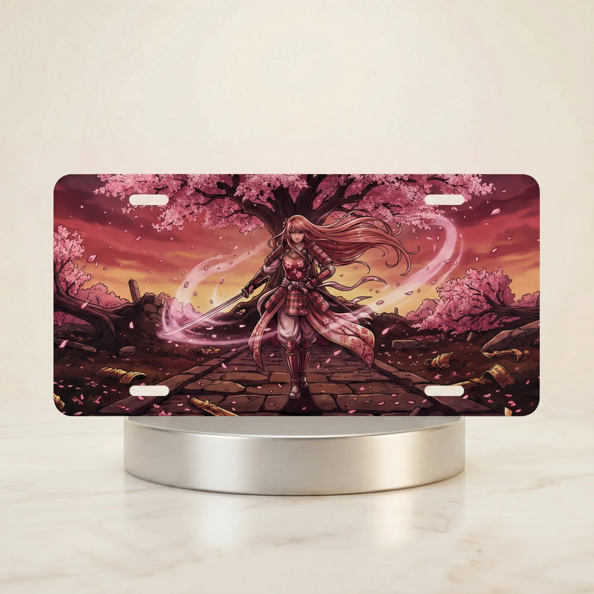 samurai girl cherry blossom vanity plate — warm sunset pink sakura warrior license plate on holder