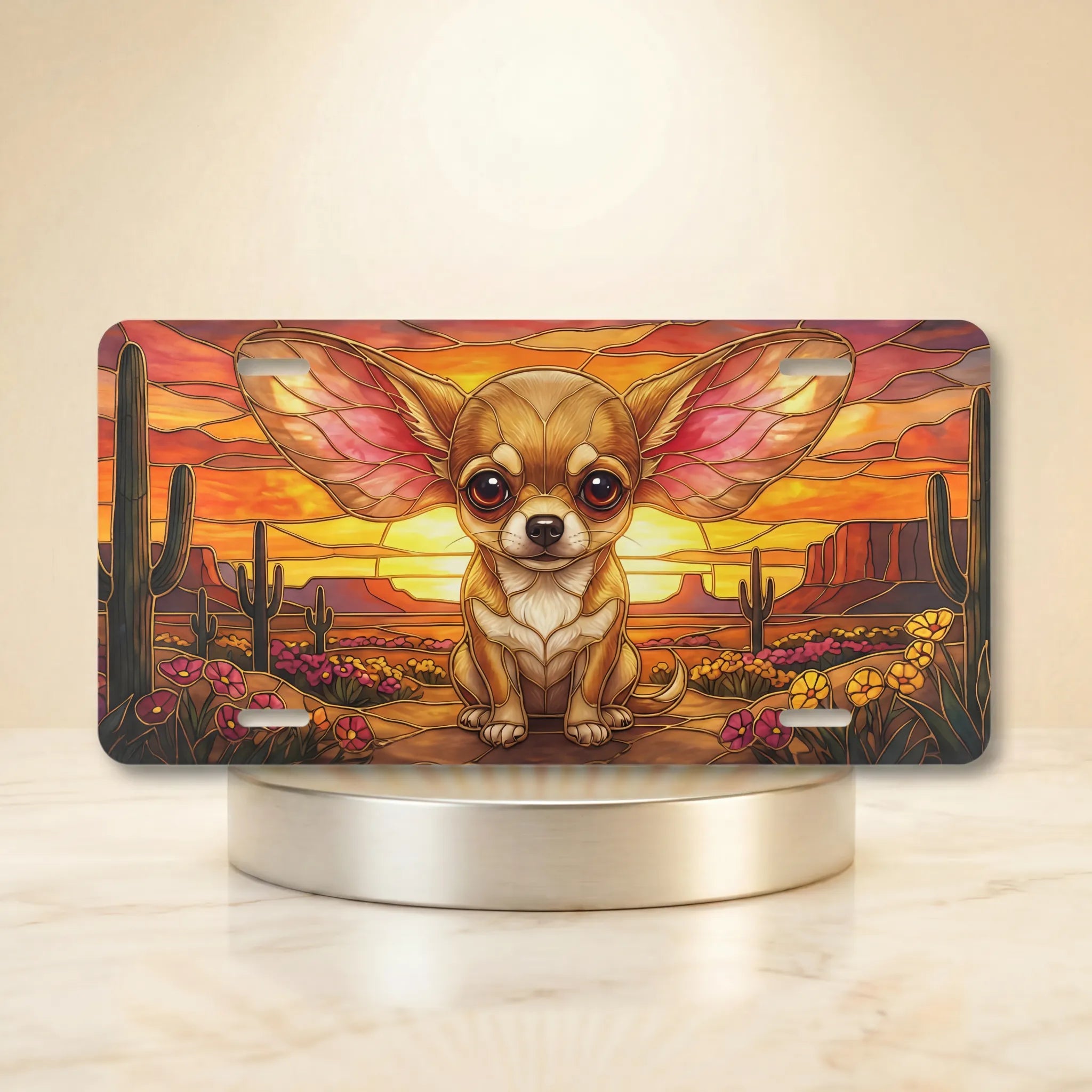 chihuahua sunset desert vanity plate — golden chihuahua desert sunset bloom license plate on holder